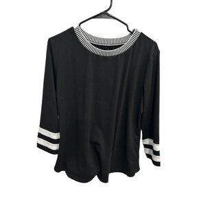 Women's Black Striped Collar & Cuffs 3/4 Sleeve Top Size XL Preppy Classic